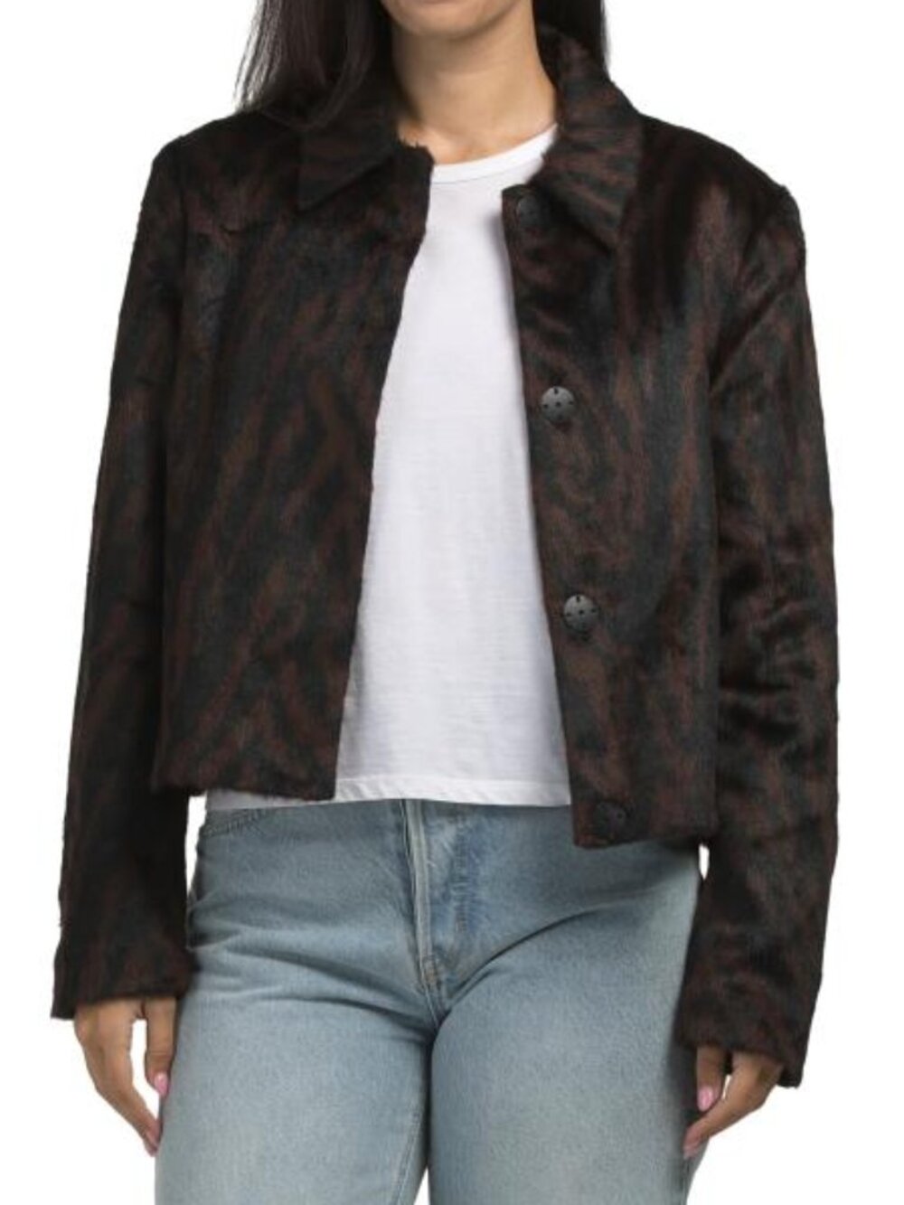 ISAAC MIZRAHI Brown & Black Faux Fur Cropped Jacket